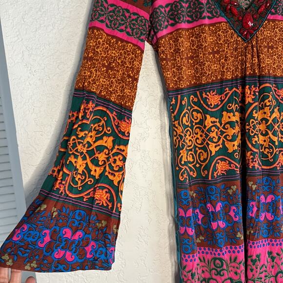 Hale Bob Silk Dress Pink Boho Jewels V Neck Beach Tropical Aztec Colorful Fall - Picture 4 of 7